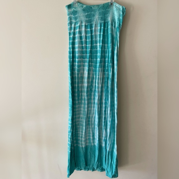 Teal Tie-dye Sleeveless Bustier Ruched Maxi Dress - Picture 2 of 7